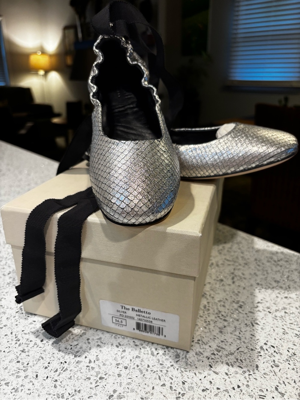 M. Gemi Balletto Metallic Silver Leather Ballet Flat with Black Ribbon